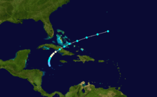 Storm track of Hurricane Katrina. The storm developed near Jamaica, moved north-northeastward and strengthened into a tropical storm, and then became a hurricane while tracking northeastward. Katrina then crossed eastern Cuba and the southeastern Bahamas before dissipating in the open Atlantic Ocean.