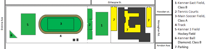Map of the Kenner Collegiate Campus. The west side has tennis courts, track, baseball diamonds, rugby, soccer, and football fields. The east side of the campus has the school building with the shape of a square donuts.