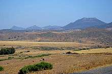 Rolling hills with mountains in the background, a road and electricity pylons cross the image from left to right.  The ground is stony with some browned grass, a few bushes and scattered trees.  A small farm is in the right mid-ground with some fields used for hay and grazing of sheep.