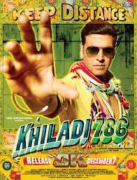 Orange Bands Above and below with green backgroun and Akshay Kumar posing. The Name KHILADI 786 in center.