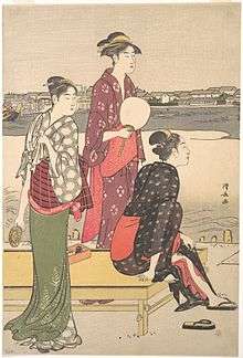 Illustration of three Japanese women in kimonos relaxing by a river