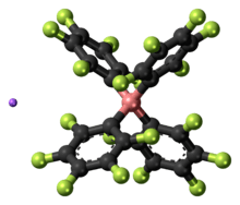 Ball-and-stick model of the component ions of lithium tetrakis(pentafluorophenyl)borate