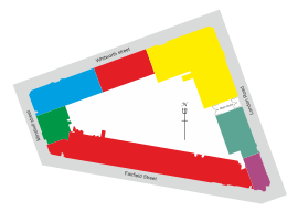 A plan graphically illustrating the layout of the uses of the building discussed in the text.