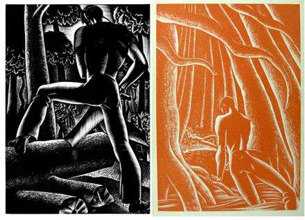 Two monochrome images.  The left, in black, depicts a man from behind sawing wood, and the right, in orange, a man in the woods emergin from the water, directing himself toward a nude female who lies on the ground in the distance.