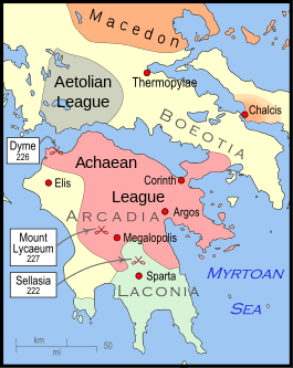 A map of Greece. That northern half of Greece is occupied by the new Aetolian League and the southern territories under the control of Macedcon, while the south is occupied by Sparta, the Achaean League and several smaller states.