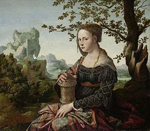 An oil painting of Mary Magdalene in a landscape