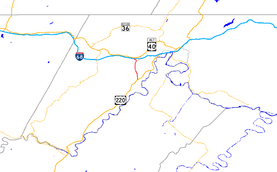 A map of western Allegany County, Maryland showing major roads.  Maryland Route 53 runs from Cresaptown north to La Vale