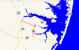 A map of northeastern Worcester County showing major roads.  Maryland Route 589 runs from Grays Corner to Showell via Ocean Pines.