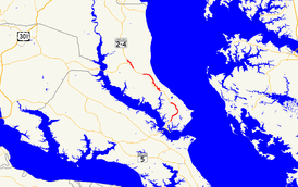 A map of Calvert County, Maryland showing major roads. MD 765 consists of multiple sections along MD 2 throughout the county, with the three longest sections highlighted on the map.