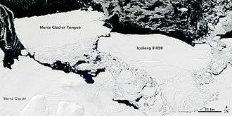 Satellite image of Iceberg B-9B colliding with the Mertz Glacier Tongue