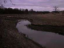 Narrow stream meandering across a flat field in winter time.