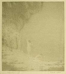 Tonalist lithograph by Bolton Brown depicting female nudes bathing by moonlight