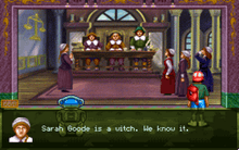 A screenshot from the DOS version of Museum Madness showing the player character and MICK the robot at the "Salem Witch Trials" museum exhibit.