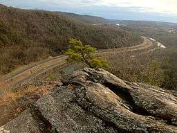 View of Connecticut Route 8, Naugatuck River and East Block from Naugatuck State Forest West Block Northern Section summit above Black Forest Road and High Rock Road