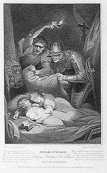 Two young boys with curls sleeping together as an armed man prepares to smother them and another holds a light assisting him.