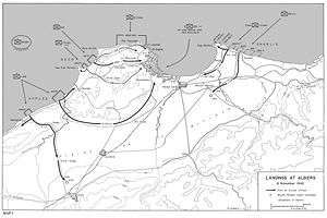 A map with military symbols depicting unit landings on a coast line