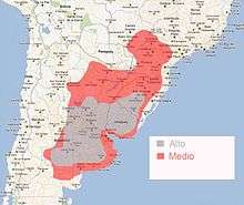 Map showing the location of the South American Tornado Alley. Most this occurs in the eastern parts of the country. Areas in gray have a high risk of tornados; areas in red have a moderate risk.