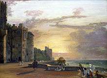 A painting of a terrace at sunset. On the left, the outer facing of a castle; on the right, the ground drops away sharply showing only the distant landscape. A handful of figures in 18th century dress walk or mingle along the terrace.