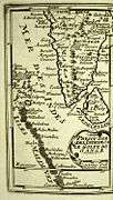 An old map (of coastal southern India) in Portuguese, and not drawn to scale, is shown. The Indian Ocean is labeled, "Mer Des Indes," and Sri Lanka (or Ceylon), "Islede Ceylan." Also shown are the Maldives, which are labeled "Isles Maldives."