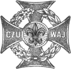 A Maltese cross with a wreath, the left half of oak and the right half of laurel leaves.; a circle at the center with rays like the sun and the Scouting fleur-de-lis; the arms bear C Z U and W A J— czuwaj is Polish for watch, the Polish Scout motto.