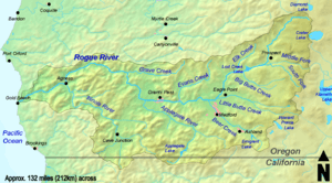 The Rogue River flows from near Crater Lake in Oregon to the Pacific Ocean at Gold Beach. A small part of its watershed extends into northern California.