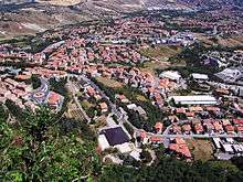 An overhead picture of a city.