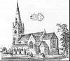 An engraving of a church with an apsidal chancel and a west steeple