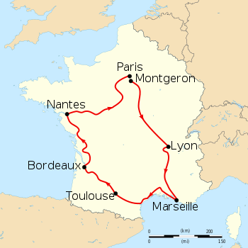 Map of France with the route of the 1903 Tour de France on it, showing that the race started in Paris, went clockwise through France and ended in Paris after six stages.