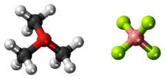 Ball-and-stick models of the component ions of trimethyloxonium tetrafluoroborate