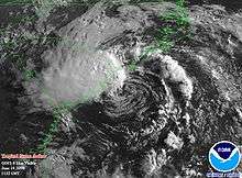 Satellite image of tropical storm near landfall in North Carolina.