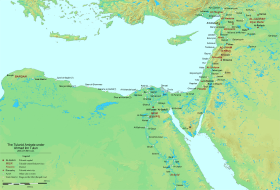 Geophysical map of the Eastern Mediterranean, with cities marked in black and provinces in red