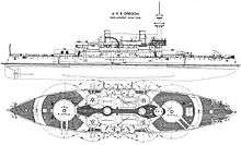 drawing schematic, showing two large turrets before and aft and four smaller turrets on wing positions midships