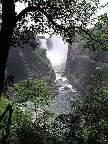 A majestic African scene. The viewer stands beneath a tree, overlooking the a large river from a high vantage point on a pleasant, sunny day. On each side of the river a great cliff rises above the viewer. In the distance an enormous waterfall can be seen, the spray from the water obscuring much of the view. The land is green and lush, and the river shimmers in the sun.