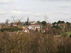 An image of the Viesville skyline; a church steeple and several small buildings are visible amid woods