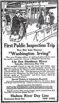 Drawing of several couples with hand luggage boarding the Washington Irving with ad copy below.