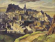 Painting of far view of a town with various building seen.