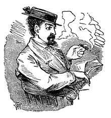 Line drawing of a seated man in profile with a goatee, wearing a hat, holding a cigar in one hand