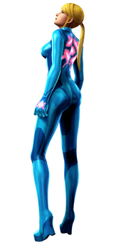 A computer-generated image of a woman wearing a tight-fitting blue suit.