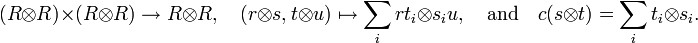  (R\otimes R)\times (R\otimes R)\to R\otimes R,\quad (r\otimes s,t\otimes u) \mapsto \sum _i rt_i\otimes s_i u, \quad \text{and}\quad c(s\otimes t)=\sum _i t_i\otimes s_i. 