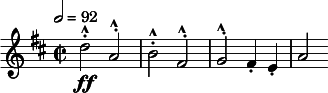 
  \relative c'' { \clef treble \time 2/2 \key d \major \tempo 2 = 92 d2^.^^\ff a^.^^ | b^.^^ fis^.^^ | g^.^^ fis4-. e-. | a2 }
