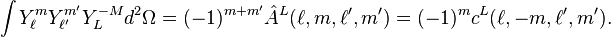 
\int Y_\ell^m Y_{\ell'}^{m'} Y_{L}^{-M} d^2\Omega = (-1)^{m+m'}\hat{A}^{L}(\ell,m,\ell',m') = (-1)^{m}c^L(\ell,-m,\ell',m').
