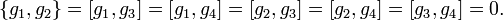 
  \left\{  g_{1},g_{2}\right\}  =\left[  g_{1},g_{3}\right]  =\left[
g_{1},g_{4}\right]   =\left[  g_{2},g_{3}\right]  =\left[  g_{2},g_{4}\right]  =\left[
g_{3},g_{4}\right]  =0.
