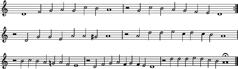 
{ \key c \major 
\time 72/2
\set Score.tempoHideNote = ##t
\tempo 2=100
\set Staff.midiInstrument = "english horn"
\override Score.TimeSignature #'transparent = ##t
\override Score.BarNumber  #'transparent = ##t
 d'1 f'2 g' a' g' c'' b' a'1 \bar "|"  r2 g' c'' b' a' g' f' e' d'1 \bar ":|" r2  d' g' g' e' a' a' gis' a'1 \bar "|" r2
 a' d'' d'' e''  c''4 d''2 c''4 b'2 a'1 \bar "|" r2 b' c'' b' a' g' a' f' e'1  \bar "|" r2 d' f' g' a' f'4 g'2 f'4 e'2 d'1 \bar "|"
r2 d'' d'' d'' e'' d'' c'' b' a'\breve\fermata \bar "|."}
