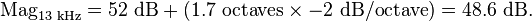 \text{Mag}_{13\text{ kHz}} = 52\text{ dB} + (1.7\text{ octaves} \times -2\text{ dB/octave}) = 48.6\text{ dB}.\,