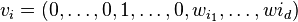  v_i = (0, \ldots , 0, 1, \ldots , 0, w_{i_1}, \ldots , w{i_d})