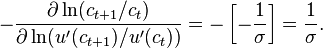 -\frac{\partial\ln(c_{t+1}/c_t)}{\partial\ln(u'(c_{t+1})/u'(c_t))}=-\left[-\frac{1}{\sigma}\right]=\frac{1}{\sigma}.