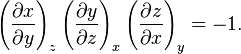 \left(\frac{\partial x}{\partial y}\right)_z\left(\frac{\partial y}{\partial z}\right)_x\left(\frac{\partial z}{\partial x}\right)_y = -1.