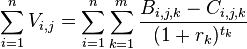  \sum_{i=1}^n  V_{i,j} = \sum_{i=1}^n \sum_{k=1}^m \frac{B_{i,j,k}-C_{i,j,k}}{(1+r_k)^{t_k}} 