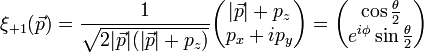 \xi_{+1}(\vec{p}) 
= \frac{1}{\sqrt{2 |\vec{p}|(|\vec{p}| + p_z)}} 
\begin{pmatrix}
|\vec{p}|+p_z\\
p_x+i p_y
\end{pmatrix} 
= 
\begin{pmatrix}
\cos{\frac{\theta}{2}}\\
e^{i\phi}\sin{\frac{\theta}{2}}
\end{pmatrix}\,