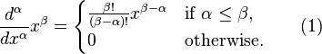  \frac{d^\alpha}{dx^\alpha} x^\beta = \begin{cases} \frac{\beta!}{(\beta-\alpha)!} x^{\beta-\alpha} & \hbox{if}\,\, \alpha\le\beta, \\ 0 & \hbox{otherwise.} \end{cases}\qquad(1)